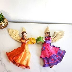 Vintage Hand Painted Clay Angel Candle Holders Set Folk Art Christmas Decor Pair